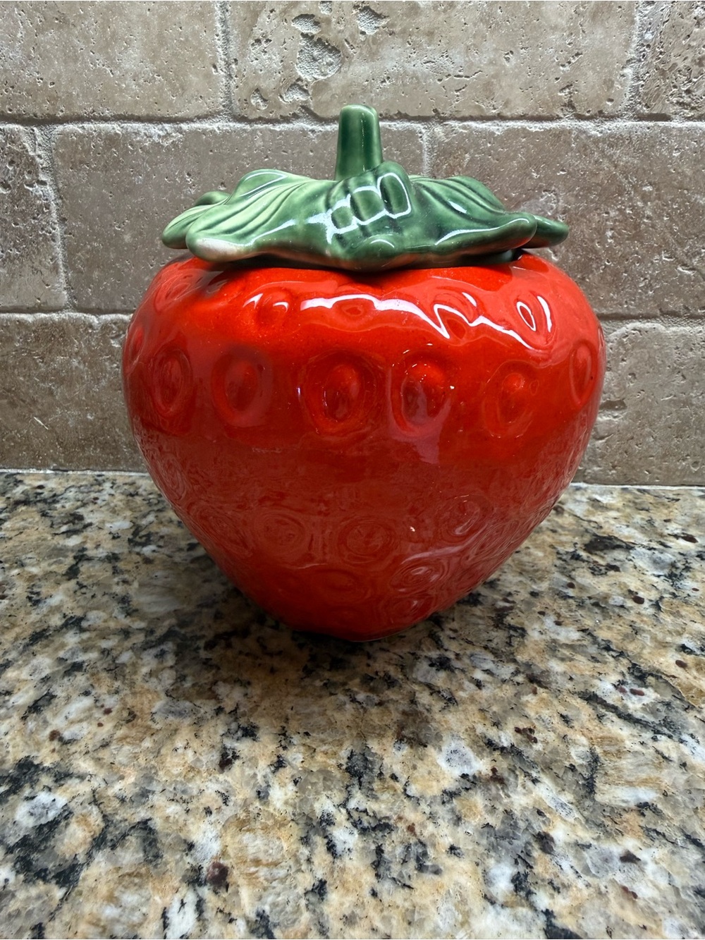 Ceramic Strawberry Cookie Jar - Red with Green Lid